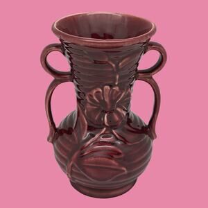 Vintage SHAWNEE POTTERY Burgundy Double Handle Flower Vase 7.5" 1941-1969